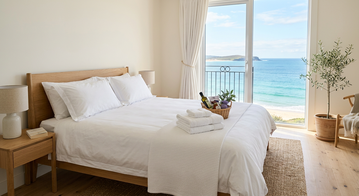 A freshly prepared holiday rental bedroom with white linen and an ocean view